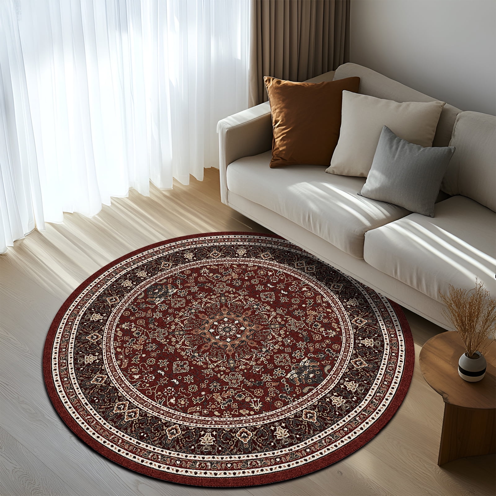 Pentantan Vintage Round Area Rug, 4ft x 4ft Red Retro Style Washable Rug with Anti-Slip Backing for Living Room