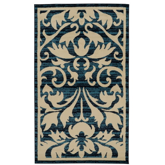 Capri Damask Blue Rug 43 x 73 Easy Care Polypropylene Transitional Design