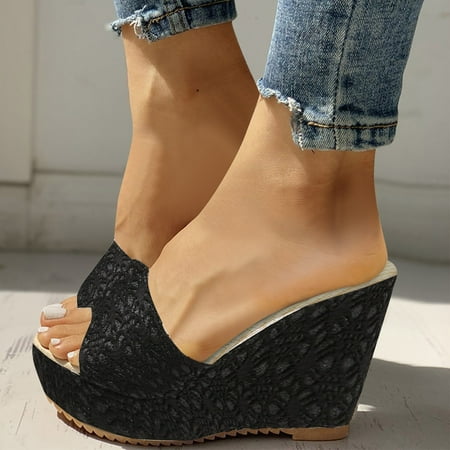 

〖Yilirongyumm〗 Black 41 Sandals Women Ladies Fashion Summer Cloth Exquisite Lace Wedge Fish Mouth Roman Sandals