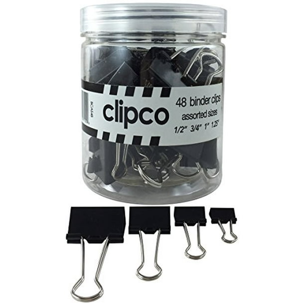 Clipco Binder Clips Jar Assorted Sizes Micro Mini Small and Medium Black (48Pack)