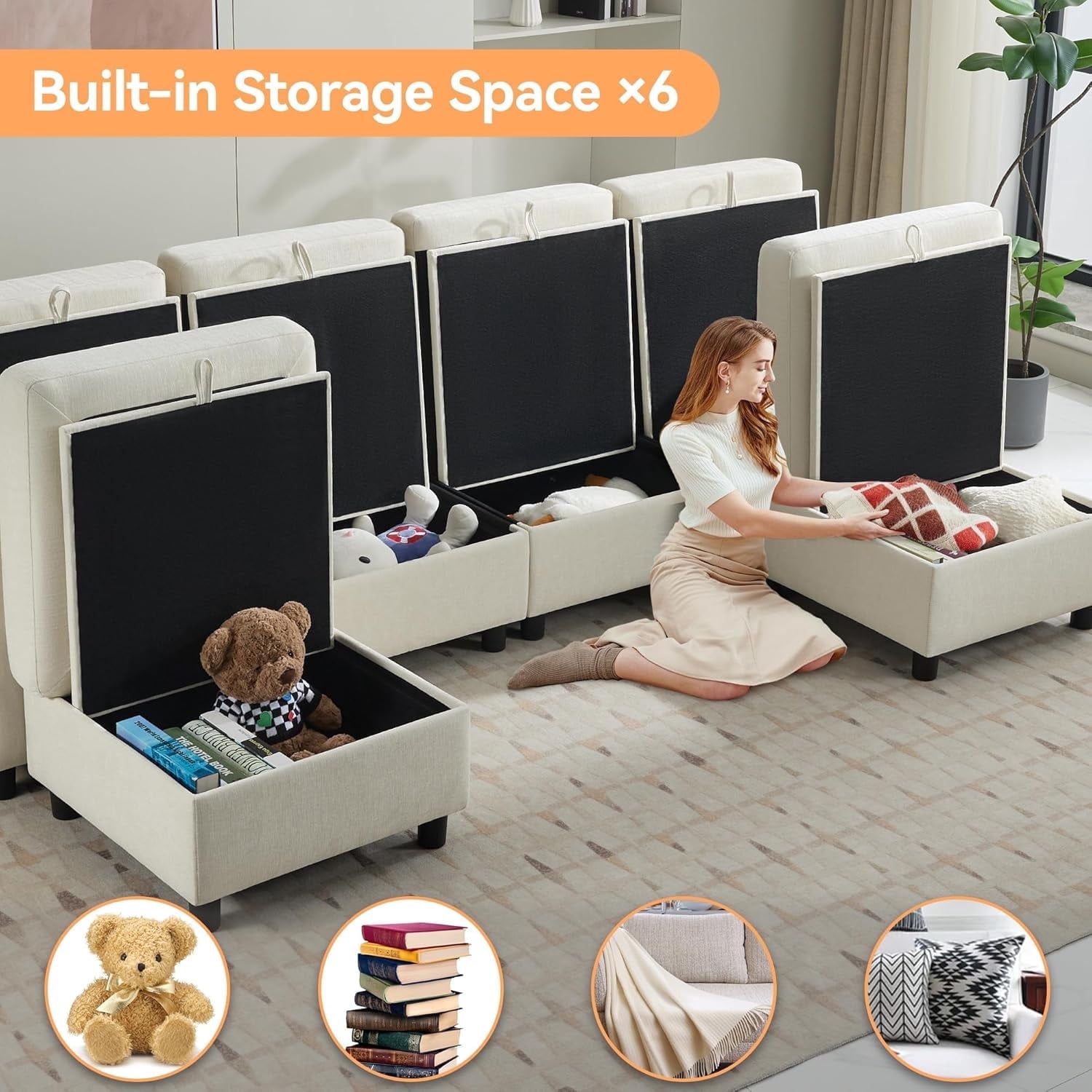 Middle Seat Module for Modular Sectional Couch Sofa, Living Room Accent Armless Sofa Chair with Storage & Pillow, Modern Side Sectional Middle Unit, Chenille Beige