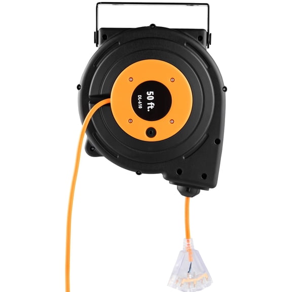50ft Retractable Extension Cord Reel, 14AWG/3C SJTOW Power Cord, Heavy for Workshop Garage
