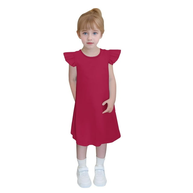 zbxnLI Robe à Manches à Volants pour Filles Couleur Unie Décontractée Col Rond Robe d'Été pour Enfants Vacances d'Été
