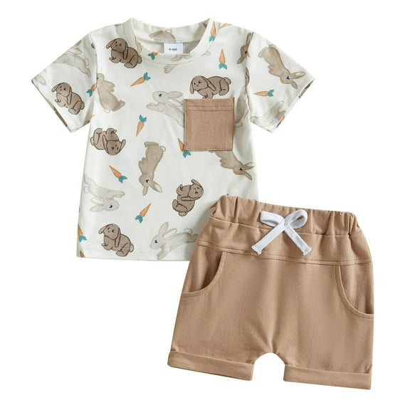 Fsqjgq Toddler Baby Boy Easter Outfit Cotton Clothing Sets Bunny Letter Print Short Sleeve T Shirt Top and Shorts Set 2Pcs Boys Summer Clothes 12M