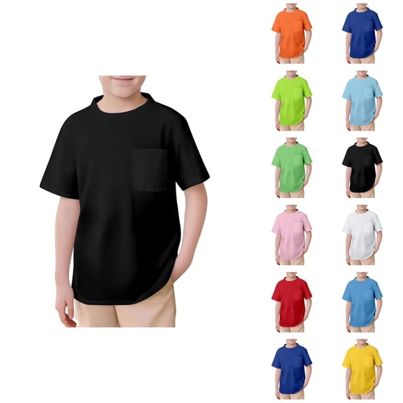 Boys T Shirts with Pocket Summer Solid Dorp Shouler Crew Neck Short Sleeve Oversized T Shirt School Uniform 2-13 Years