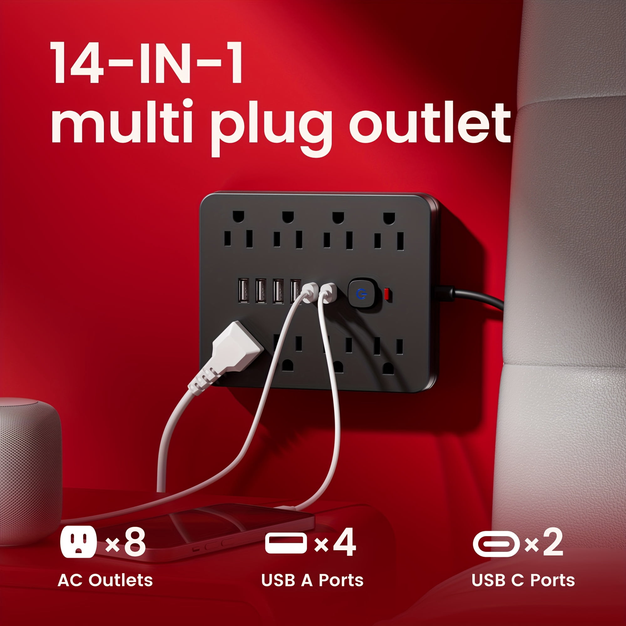 14-in-1 Power Strip with Surge Protector: 8 AC Outlets, 4 USB-A & 2 USB-C Ports, 5/10Ft Cord, Flat Plug, Wall Mount, Overload Protection for Home Office Desktop Charging