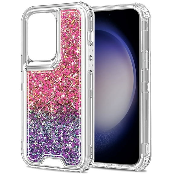 For Samsung Galaxy s24 Ultra Epoxy Sticker Glitter 3in1 Shockproof Transparent Hybrid Case - Hot Pink + Purple