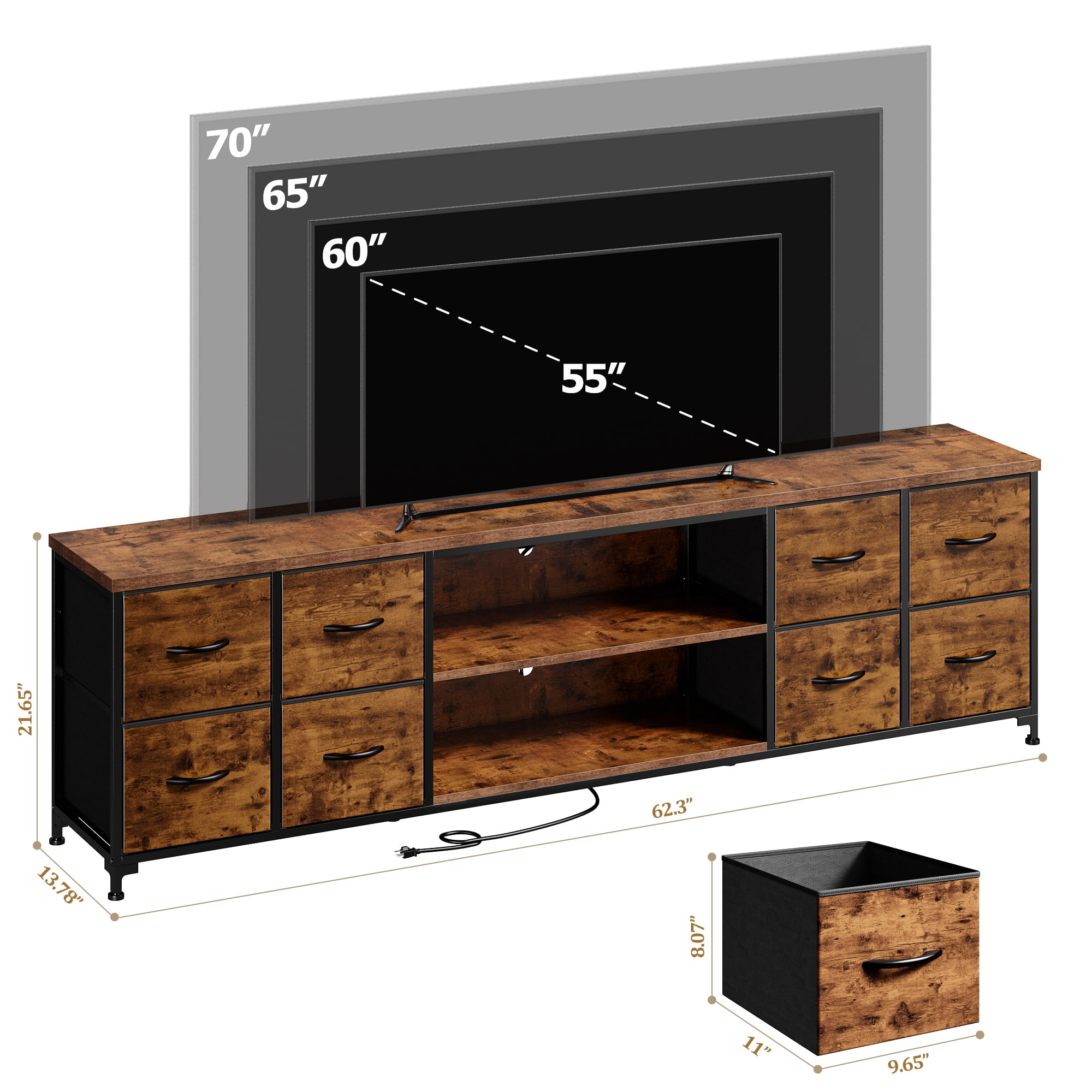 EnHomee 62.3" W TV Stand for 65 70 inch TV Dresser for Bedroom with Charging Station and LED Lights,8 Drawers Fabric Dresser with Entertainment Center for Living Room,Rustic Brown
