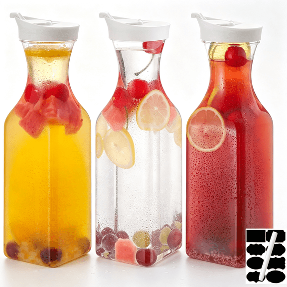 BPPEG 3 Pcs 32 Oz Plastic Water Carafe Pitcher with Flip Top Lid,Square Base Juice Containers,Mimosa Bar Supplies Pitcher for Drinks,Water,Tea,Juice,Milk,Lemonade and Other Beverages