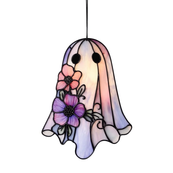 Blossom Ghost with Flowers Acrylic Suncatcher - Faux Stained Glass Indoor Window Hanging Ornament, Outdoor Sun Catcher Panel, Home Decor Gift for Ghost Lovers