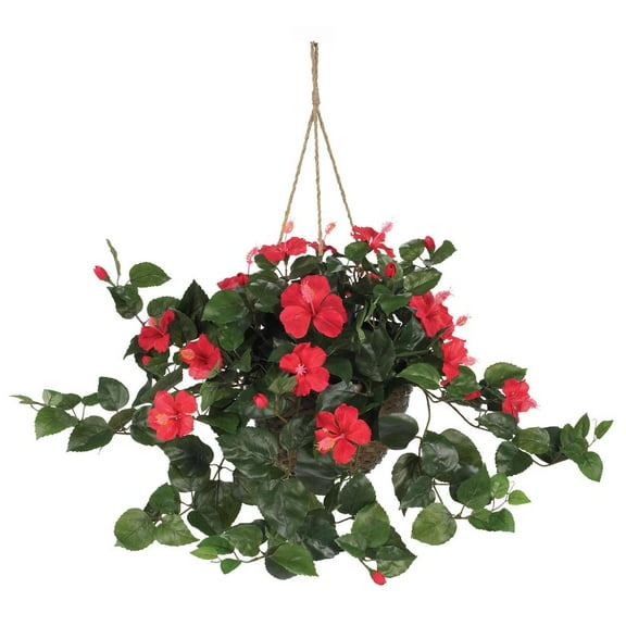 Nearly Natural 24in. Hibiscus Hanging Basket, Red