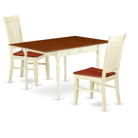 East West Furniture MZWE3-WHI-W 3 Pieces Dinette set - Robust Two 9-Inch Drop Down Leaves Real Wood Dining Table and 2 Hardwood Seat Kitchen Chairs, Buttermilk and Cherry Finish