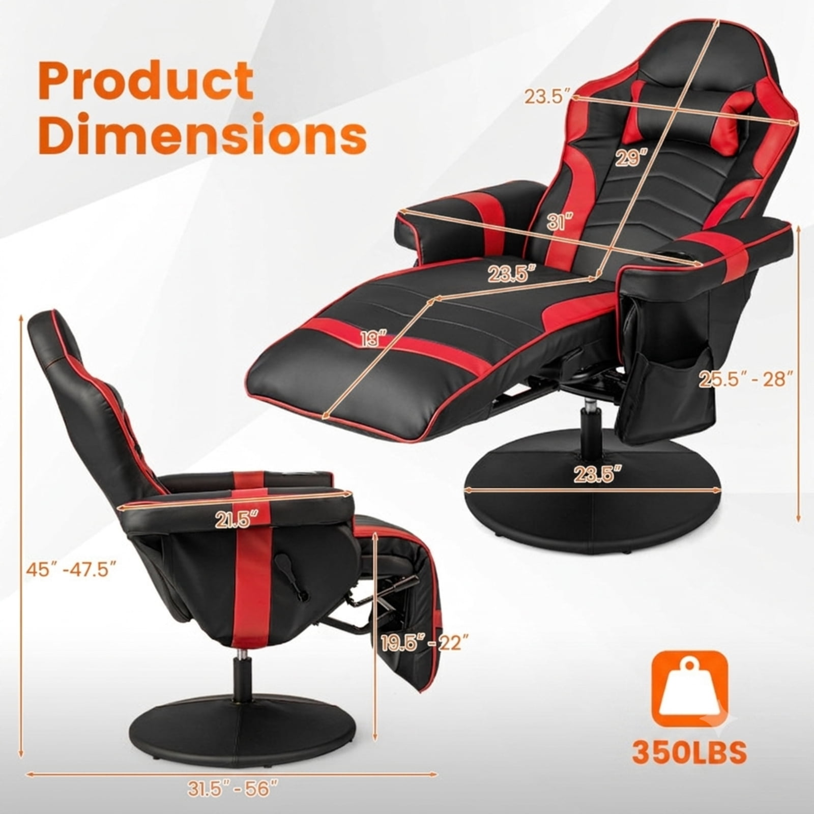 Furnibear Massage Video Gaming Recliner with Reclining Backrest Adjustable Height Retractable Footrest and Side Pocket for Gaming and Office, Red
