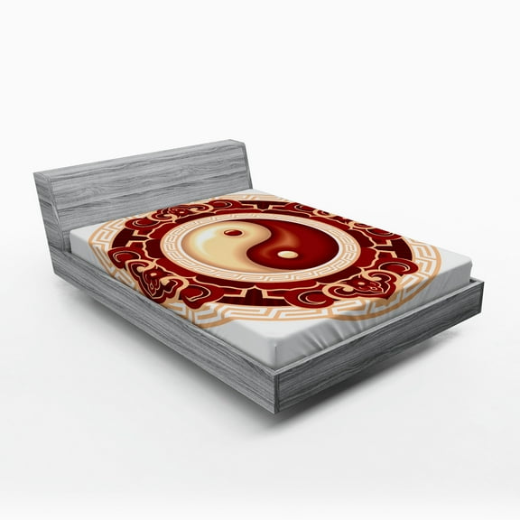 Ambesonne Ying Yang Fitted Sheet, Traditional Cultural, Queen Size, Maroon Cream White