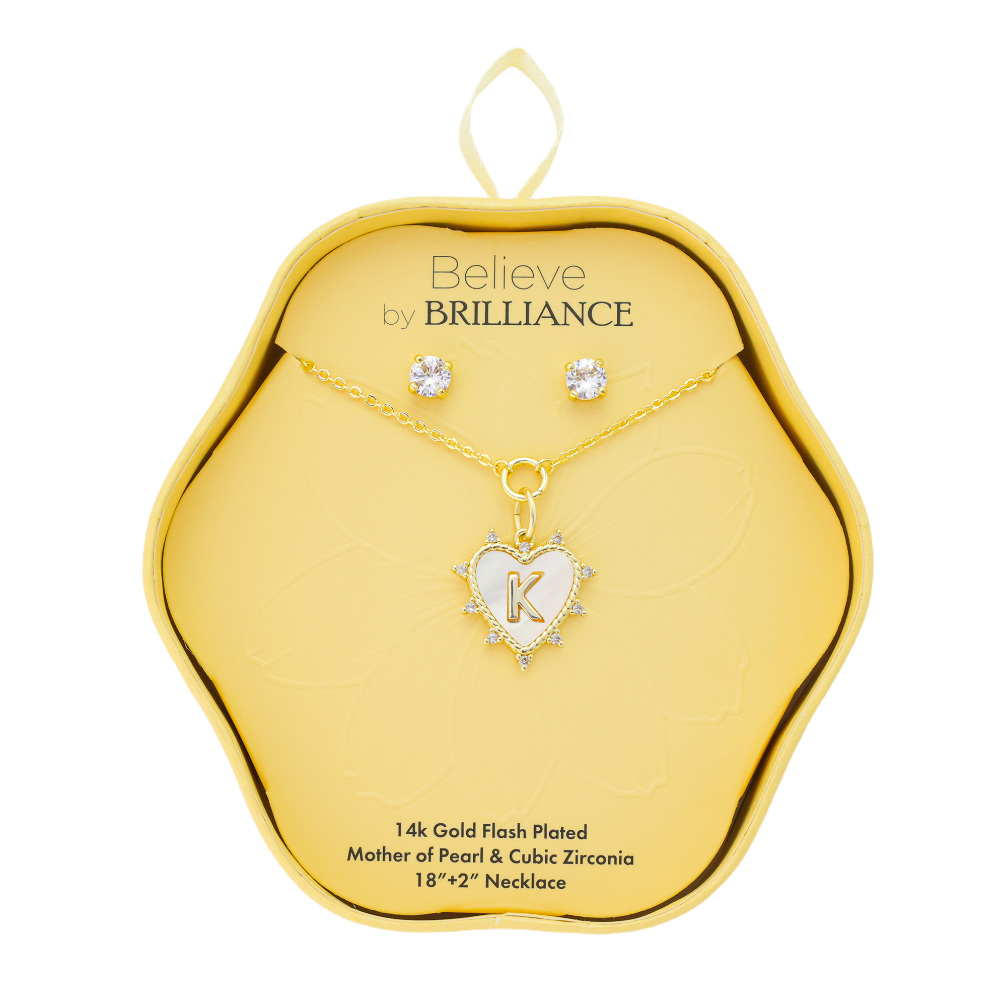 Believe by Brilliance Women's 14Kt Gold Flash Plated Cubic Zirconia Double Layer Tag "K" Necklace and Earring Set