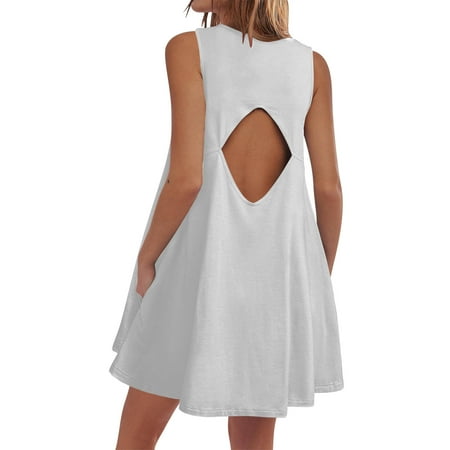 JGGSPWM Women Summer Casual Dresses Sleeveless Cutout Back Tank Beach Mini Sundress Swimsuit Coverup Swimwear White S