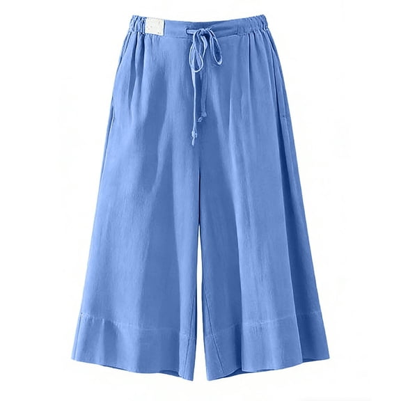 SuTry Womens Flowy Wide Leg Culotte Pants Drawstring Elastic High Waist Side Inseam Pockets Summer Beach Daily Home Casual Wear Trousers