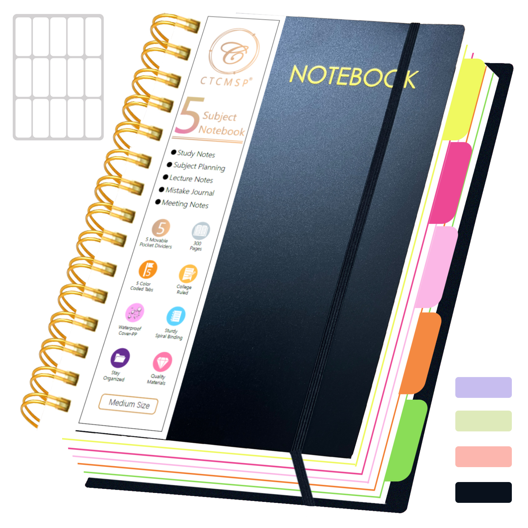 Ctcmsp 5-Subject Spiral Notebook, College Ruled, 300 Pages, Black
