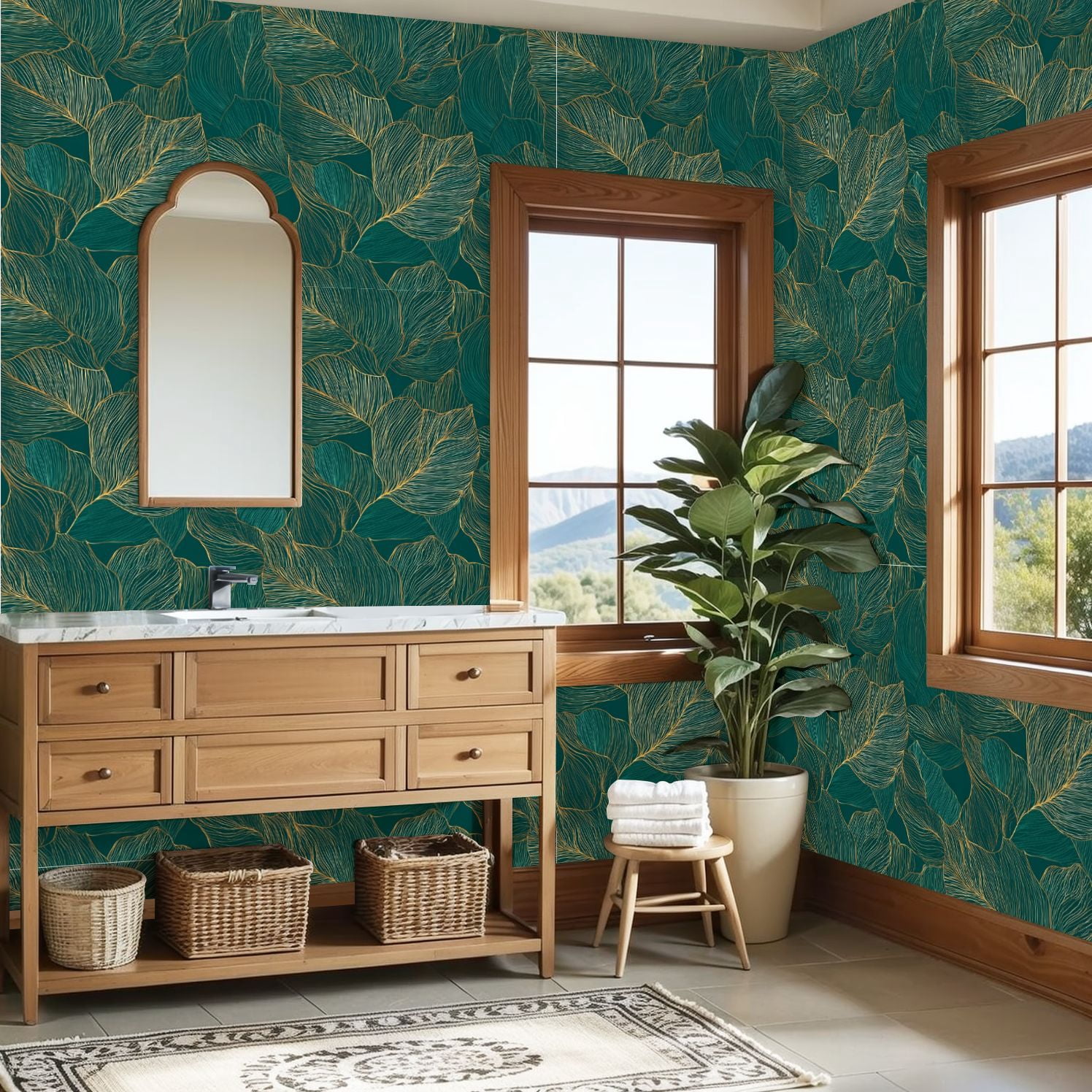 Peel and Stick Wallpaper 23.6in x 9.8ft Abstract Botanical Delicate Golden Leaf Lines Dark Green Contact Paper Vinyl Self-Adhesive Removable Wall Paper for Bedroom DIY Home Decor Renter Friendly