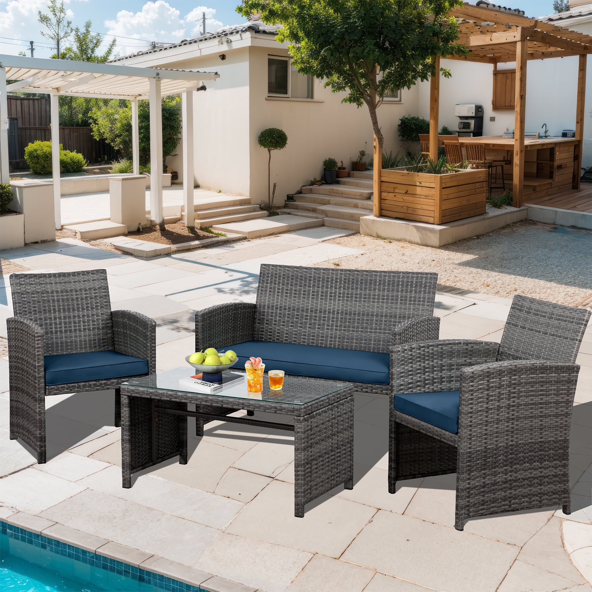 Walsunny Outdoor Patio Rattan Wicker Furniture Conversation Set 4 Piece with Cushions Tempered Glass Tabletop,Navy Blue