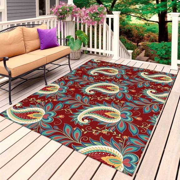 Red Boho Botanical Outdoor Rug for Patio/Deck/Porch, Non-Slip Large Area Rug 3 x 5 Ft, Southwestern Retro Leaves Ethnic Tribal Indoor Outdoor Rugs Washable Area Rugs, Camping Rug Carpet Runner