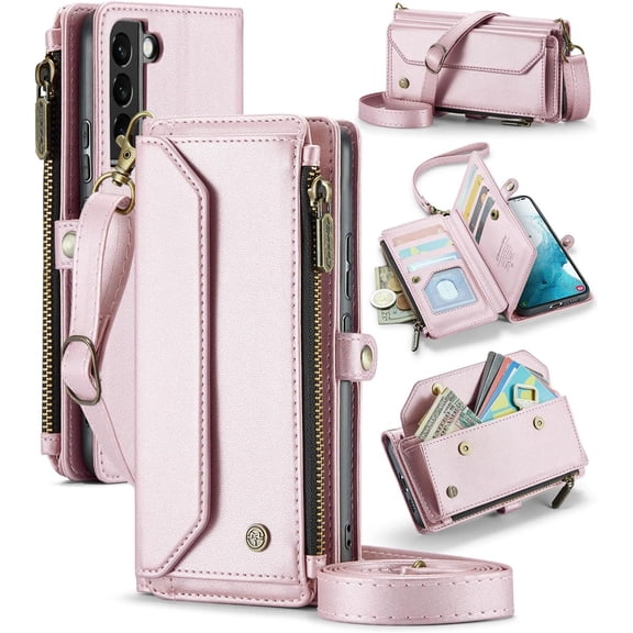 Wallet Case Compatible with Samsung Galaxy S22 Plus 6.6" RFID Blocking 10-Card Holder PU Leather Magnetic Snap Shoulder Strap Zipper Pocket Phone Case Fit for Samsung Galaxy S22 Plus