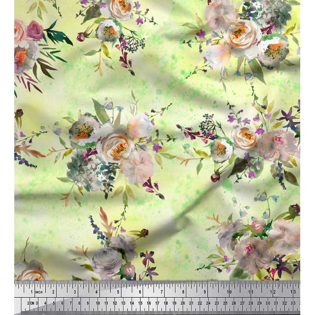 Soimoi Yellow Rayon Fabric Leaves & Ranunculus Floral Print Sewing Fabric Yard 42 Inch Wide