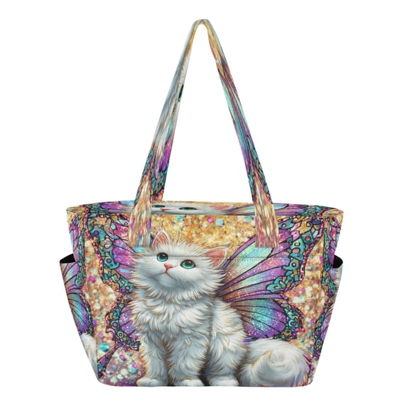 Quilted Tote Bag Large Capacity Multi-Compartment Handbag Lightweight Structured Shoulder Bag Versatile Casual Bag Colorful Winged Cat