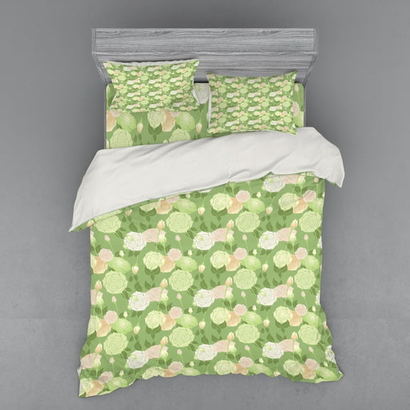Ambesonne Rose Bedding Set 4 Pcs, Pastel Abstract Blossoms, Queen, Pistachio Green White