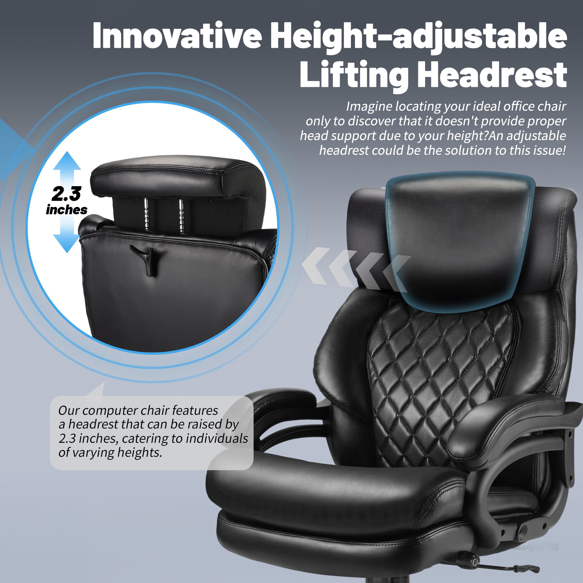Heavy Duty Big and Tall Office Chair, Executive Chair with Adjustable Headrest, High Back Extra Wide Seat, Large Computer Desk Chair for Home Office