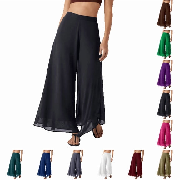 OIOLOYJM Casual Pants for Women Dressy Elegant Flowy Beach Chiffon Palazzo Pants High Waisted Wide Leg Wedding Party Vacation Lounge Pants Black L