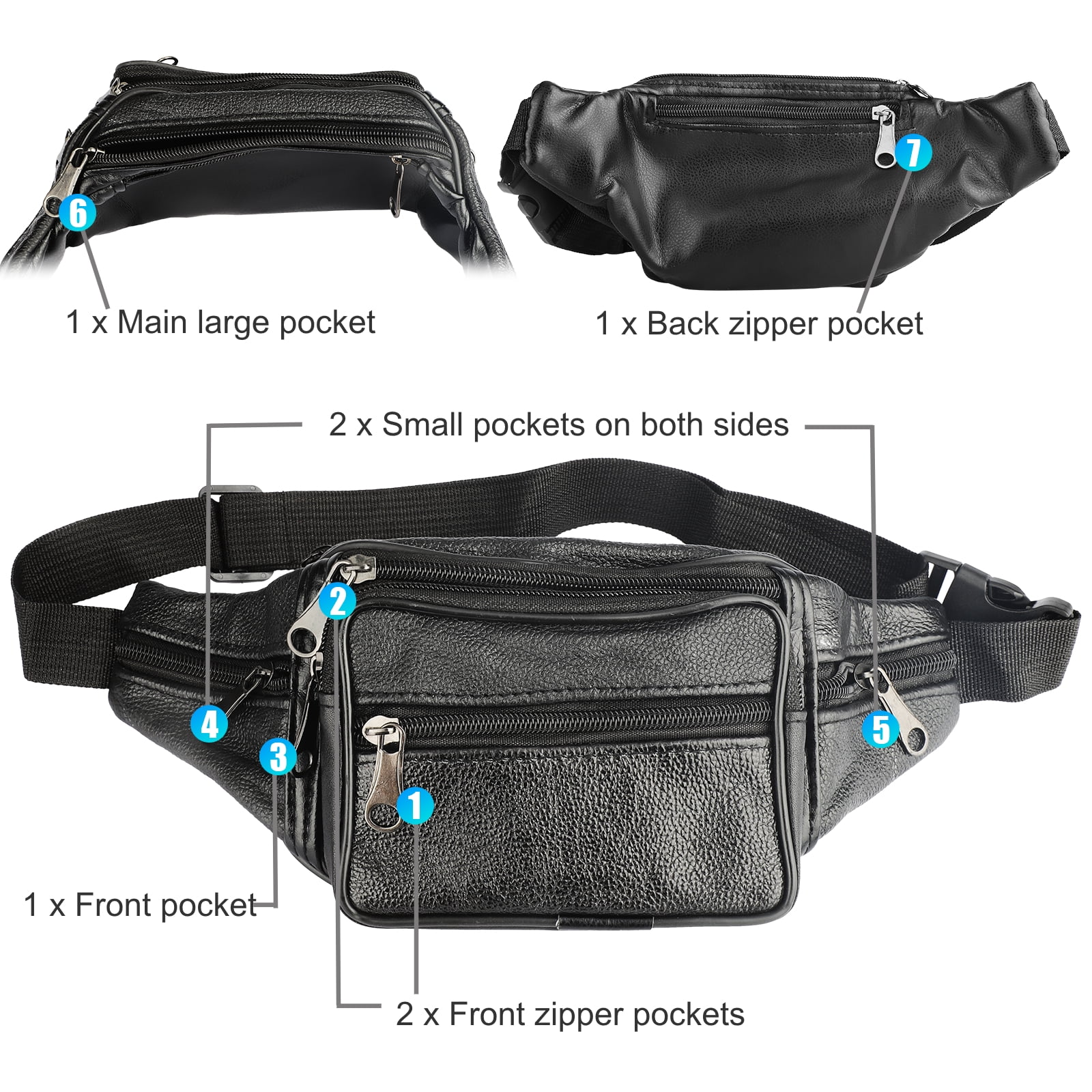 Pu Leather Multi-Layer Zipper Men'S Waist Bag, Waterproof And Wear