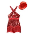 thumbnail image 4 of Jowowha Womens Jazz Costumes Sleeveless Fringed Bodysuit Shiny Sequins Tassel Leotard with Hat Red XL, 4 of 7