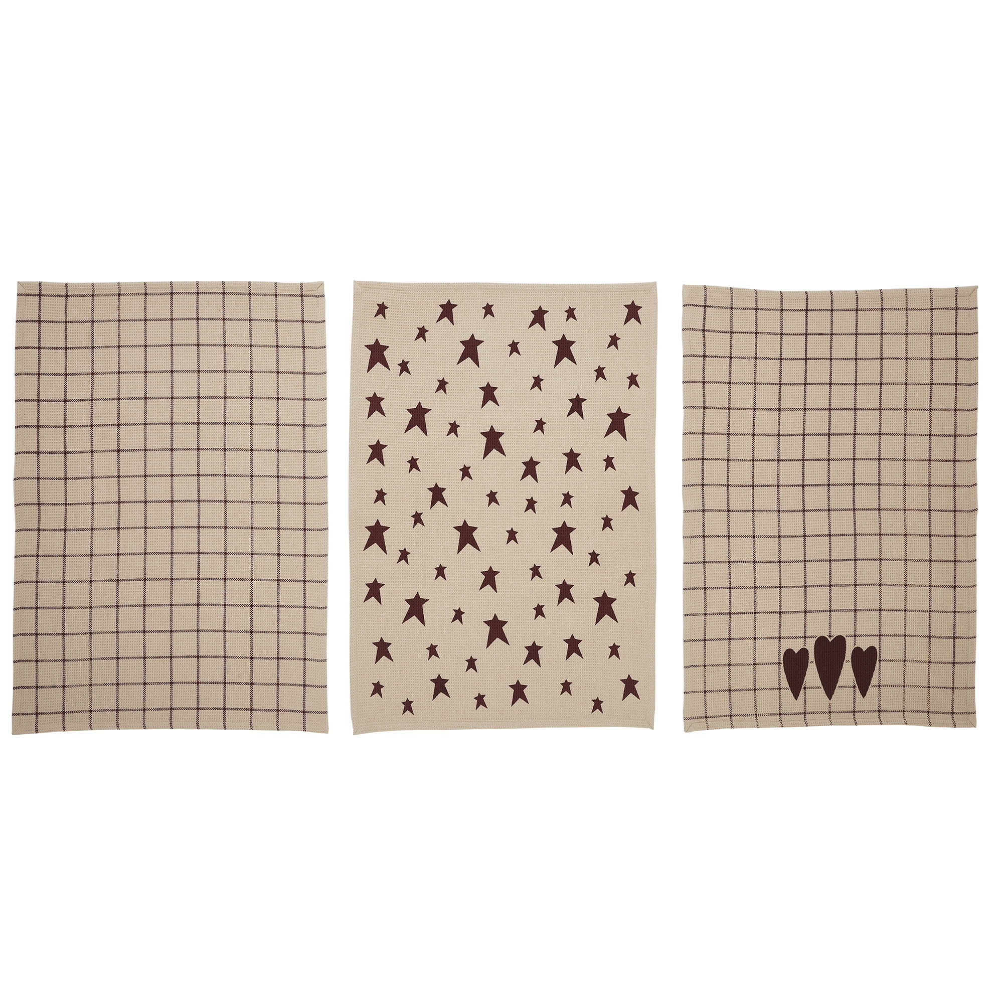 VHC Brands Cotton Kitchen Towel Set of 3, Printed, Tea Towel, Dish Towels, Connell Collection, Rectangle 28x19, Burgundy