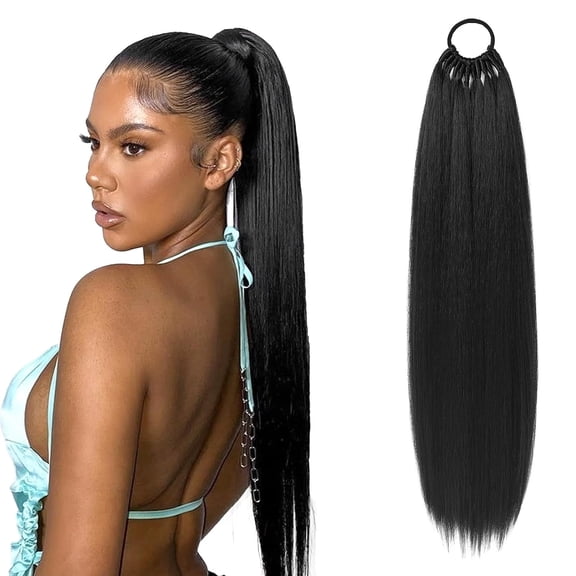 FLUFYMOOZ 28 Inch Ponytail Extension, Versatile Elastic Band Ponytail Extension for Women, Long Straight Synthetic Ponytail Daily Hair Black