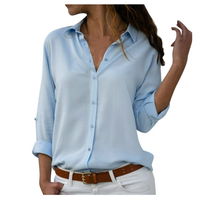 Hiiyo Chemise de Travail pour Femmes Boutonnée Décontractée Unie Basique à Manches Longues (S-TTG)