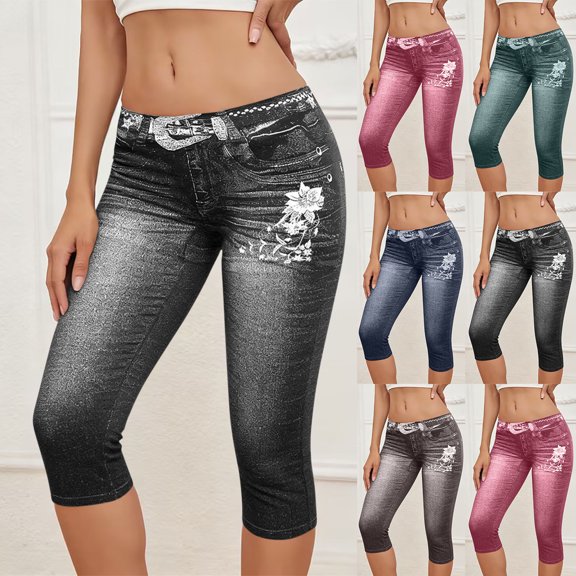 VBVC Women's Denim-Look Capri Leggings,High Waisted Stretchy Faux Jeans Capris For Women,Ladies Floral Embellished Casual Yoga Pants,Black,S-2XL