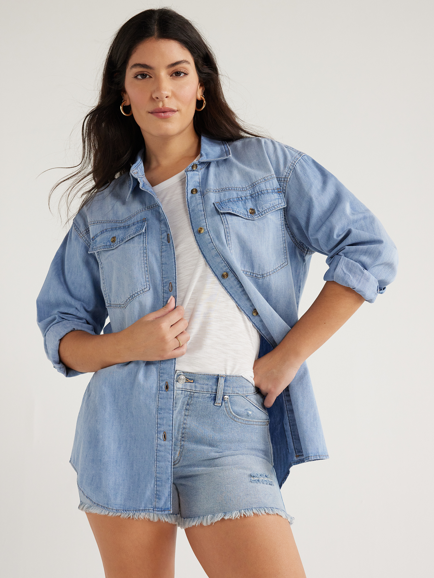 Sofia by Sofia Vergara Women's and Women's Plus Sofia Oversized Boyfriend Shirt with Long Sleeves, Sizes XS-4X