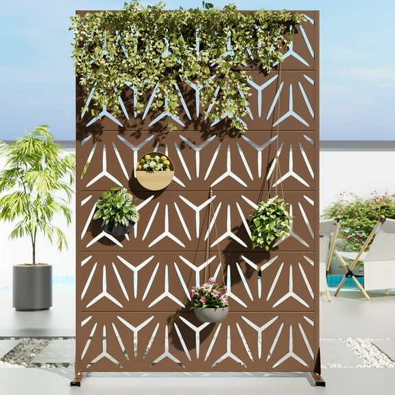 MAYEERTY 72 × 47in Outdoor Privacy Screen with Stand Metal Garden Decorative Screen, Brown