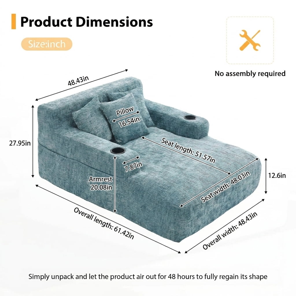 MOONMISS Chenille Chaise Lounge Chair Indoor, Single Sleeper Sofa Chair with Pillows & Cup Holders, Comfy Compression Sofa Bed for Living Room, Bedroom