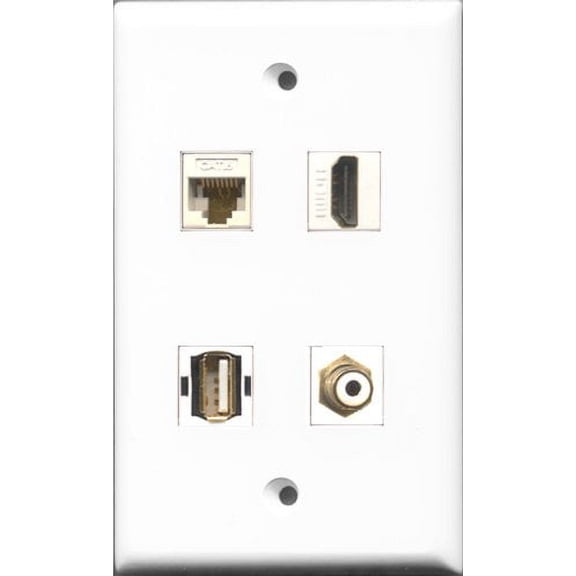 RiteAV 1 Port HDMI and 1 Port RCA White and 1 Port USB A-A and 1 Port Cat6 Ethernet White Wall Plate