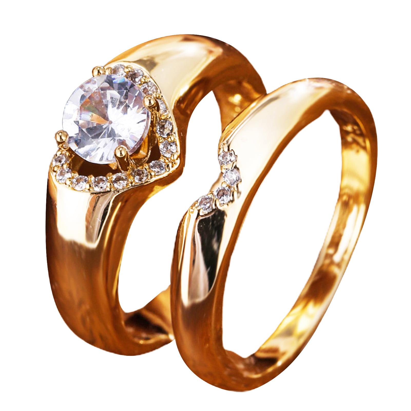 Anvazise 1 Pair Engagement Ring Dainty Valentine\'s Day Gift Sparkling  Rhinestone Love Heart Women Men Finger Ring Fashion Jewelry Golden US 6