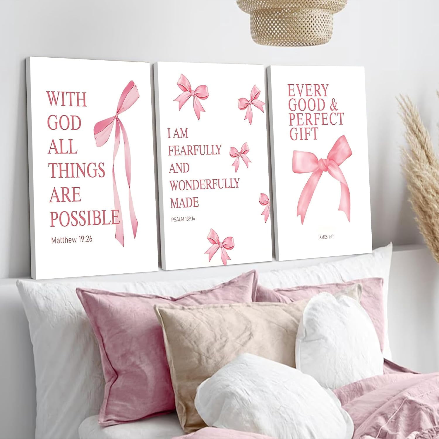 Coquette Pink Bow Canvas Wall Art Set of 3, Inspirational Bible Verses Decor Posters Pictures Prints Aesthetic for Girls Room College Apartment Living Room Bedroom Framed 12x16 Inch