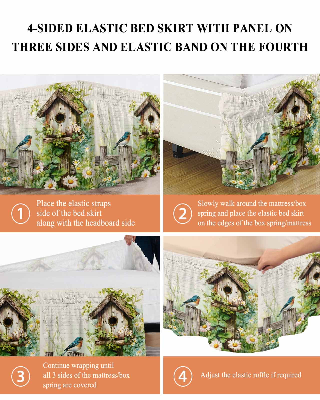 Spring Flowers Bed Skirt Queen Size 16 Inch Drop, Country Bird House Fence White Daisy Leaf Beige Adjustable Elastic Dust Ruffles Bedskirt for Queen Bed Wrap Around Pleated Mattress Frame Cover