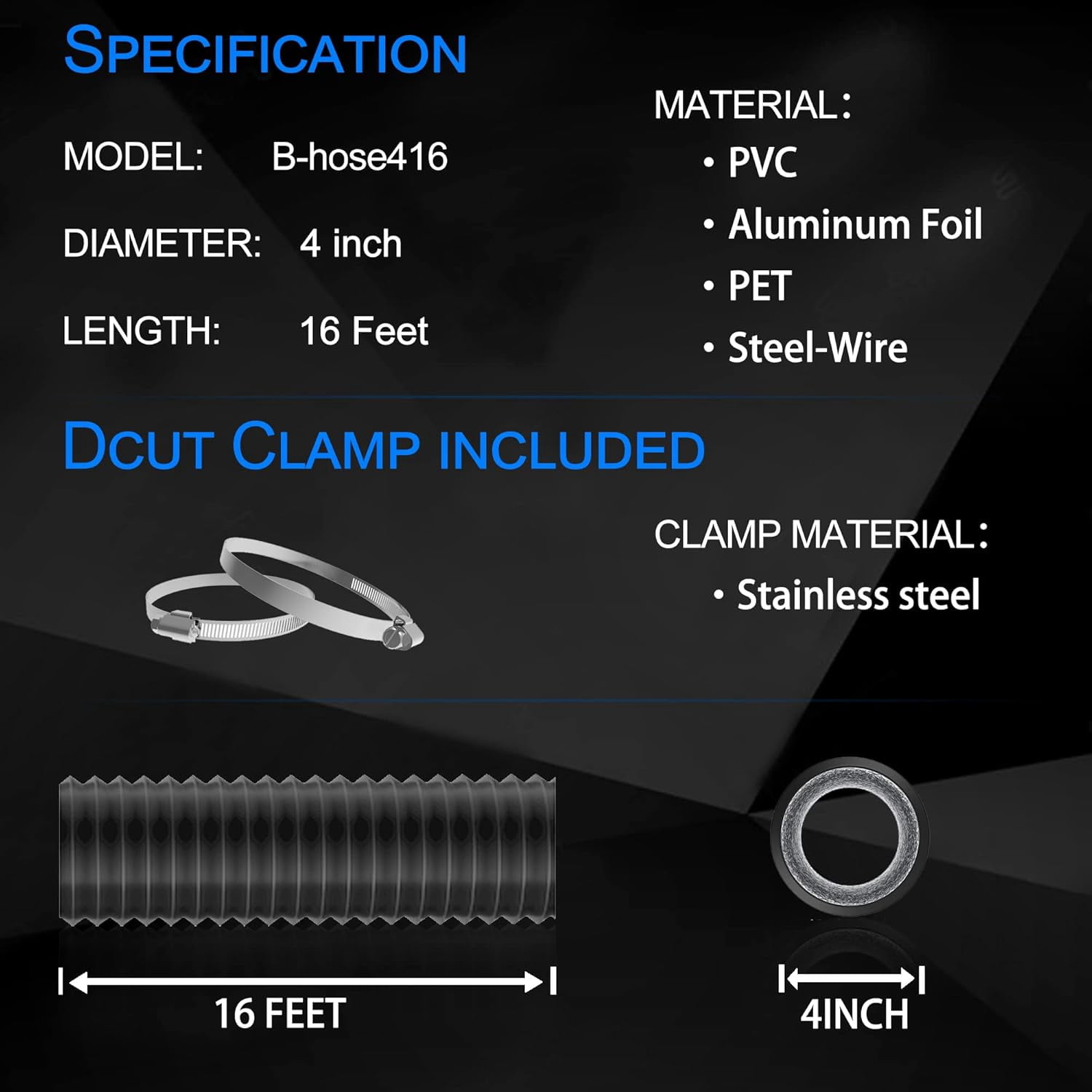 MKEUDQ-4 Inch 16Feet Dryer Vent Hose,Flexible Insulated Air Ducting,Vent Hose PVC Aluminum Foil with 2 Clamps for HVAC Ventilation(Black)