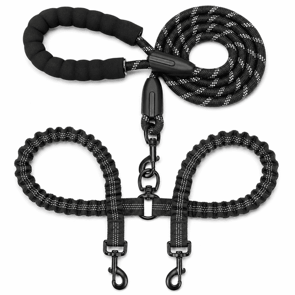 PLERISE Dual Dog Leash with 360° Swivel – No Tangle Walking Leash for Two, Shock Absorbing Bungee for Large Breeds 25-150 lbs (Black)