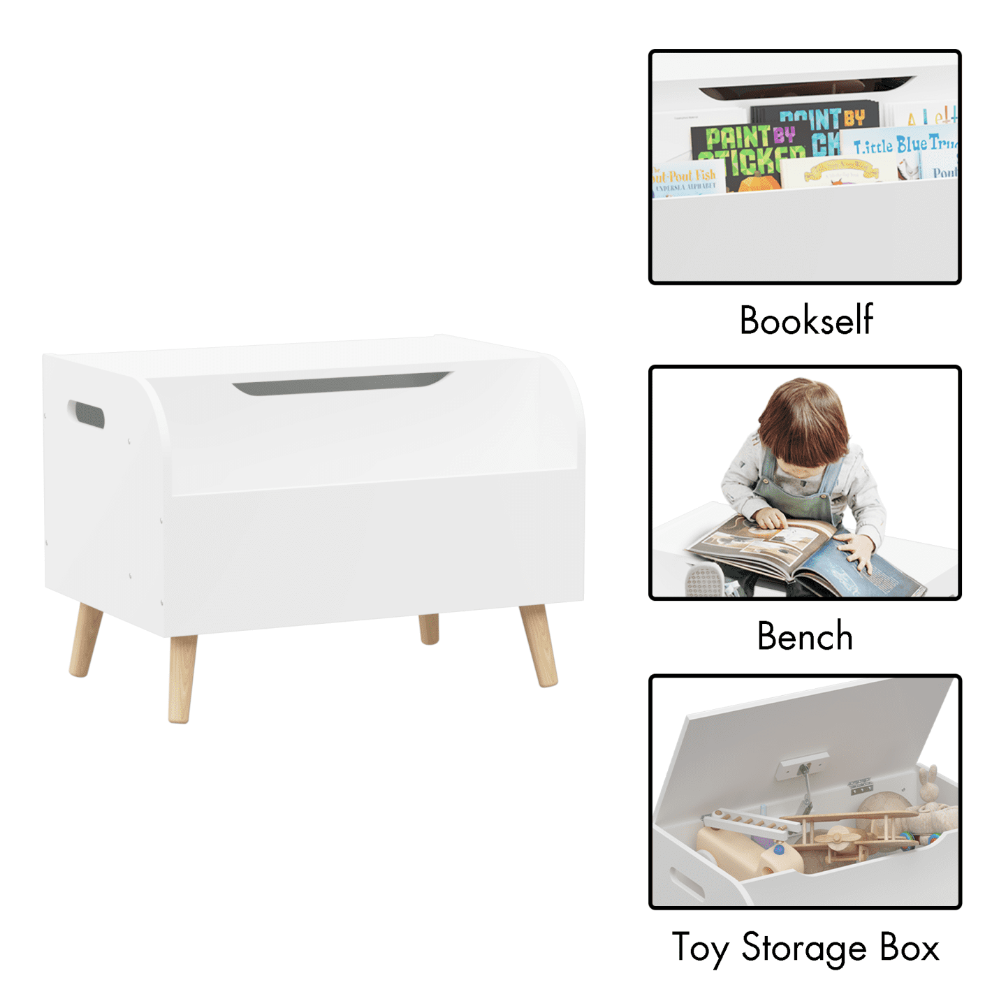 Wooden Toy Box with 4 Legs, Kids Toy Storage Organizer with Front Bookshelf, Flip-Top Lid, Safety Hinge, Boys Girls Toy Chest Bench for Playroom Kids Room Organization (White)