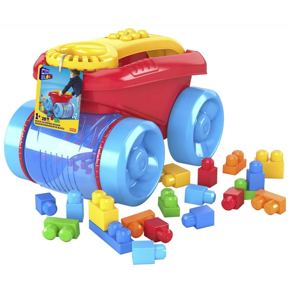 MEGA BLOKS Fisher-Price Blue Block Scooping Wagon Building Toy (21 Pieces) for Toddler