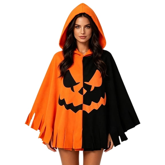 Levmjia Halloween Cape Color Block Printed Hooded Cloak Lightweight Soft Shawl Party Outdoor Holiday Festive Dress Up