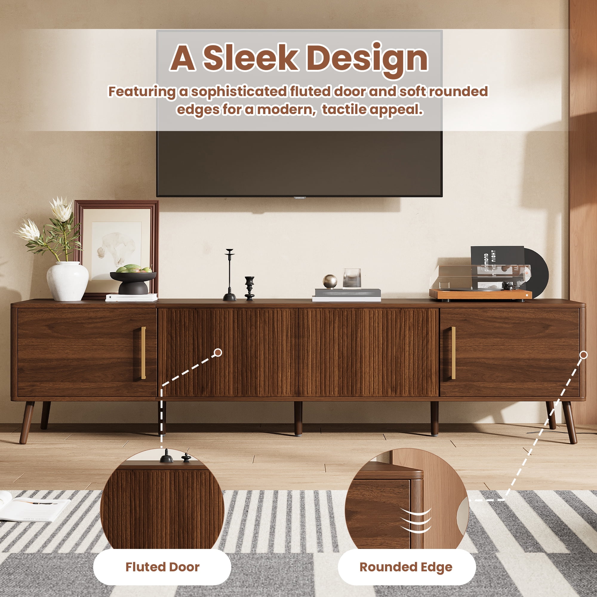 Euroco 78 inch Modern TV Stand for TVs up to 85", Entertainment Center with Fluted Door & Cable Management, Soft-Closing Hinges, Solid Wood Legs for Living Room
